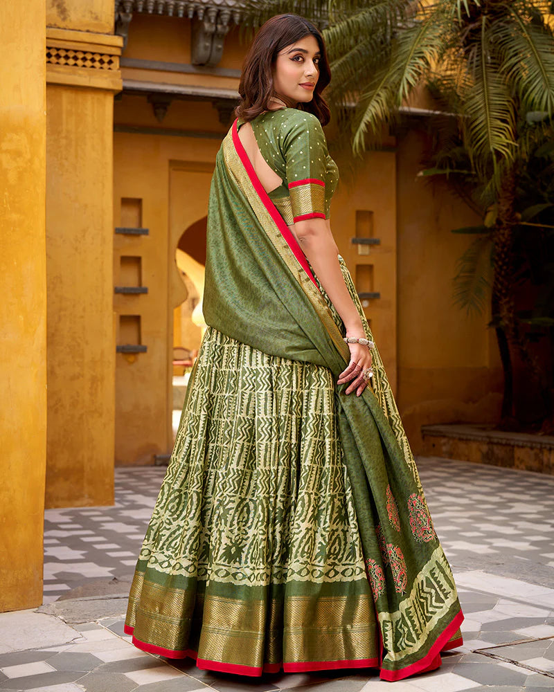 Womenline Mehndi Color Dola Silk Batik Printed Lehenga Choli