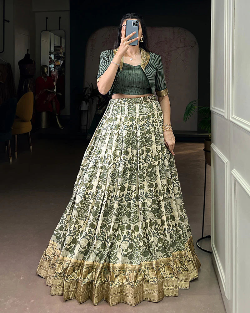 Womenline Green Color Tasar Silk Viscose Printed Lehenga Choli