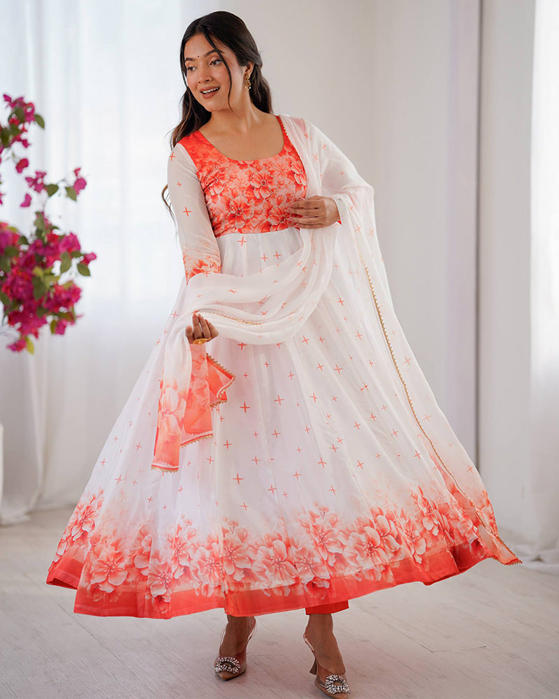 Womenline Orange Color Flower Print Tabby Organza Anarkali Suit