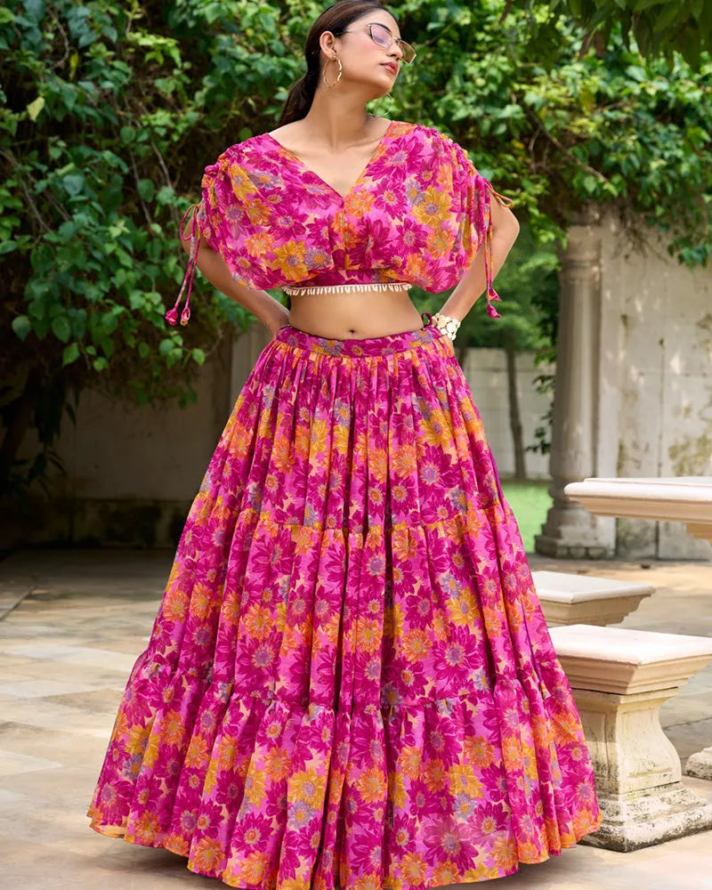 Womenline Pink Color Chiffon Printed Crop Top Lehenga Choli