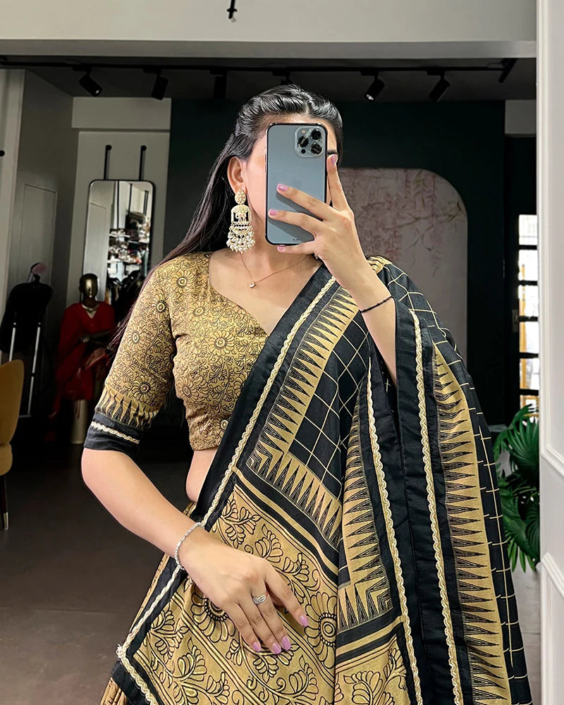 Womenline Gold Color Tasar Silk Kalamkari Printed Lehenga Choli