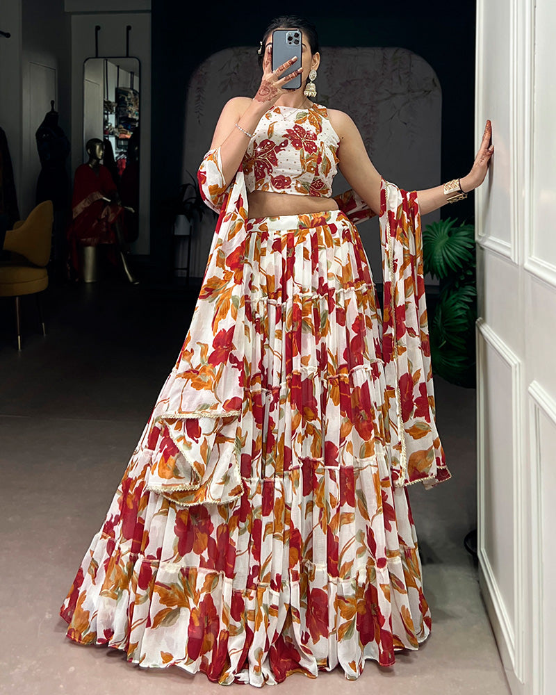 Womenline White Color Marble Floral Printed Lehenga Choli