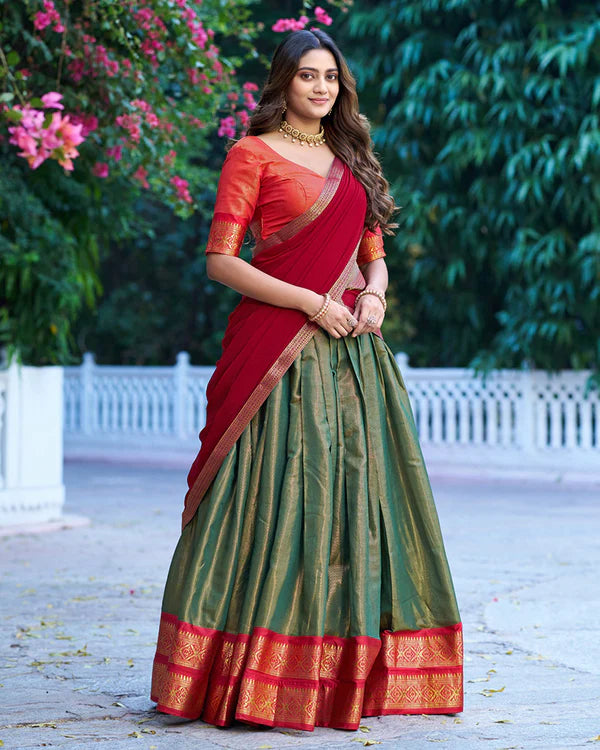 Womenline Green Color Kanchipuram Silk Designer Half Saree