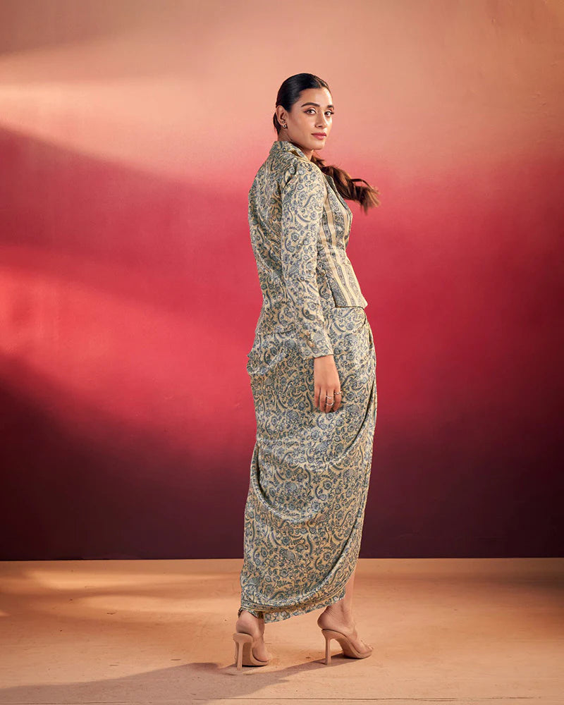 Womenline Blue Printed Jacket Style Indo-Western Co-Ord Set