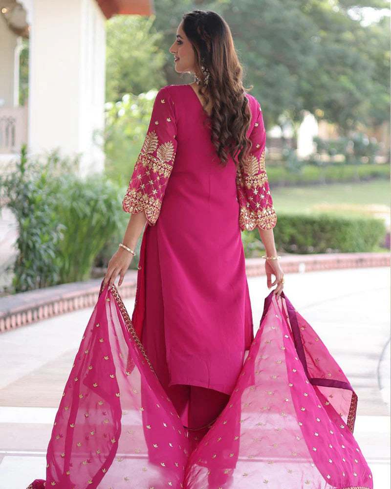 Womenline Rani Pink Color Georgette Embroidered Three Piece Kurti Suit