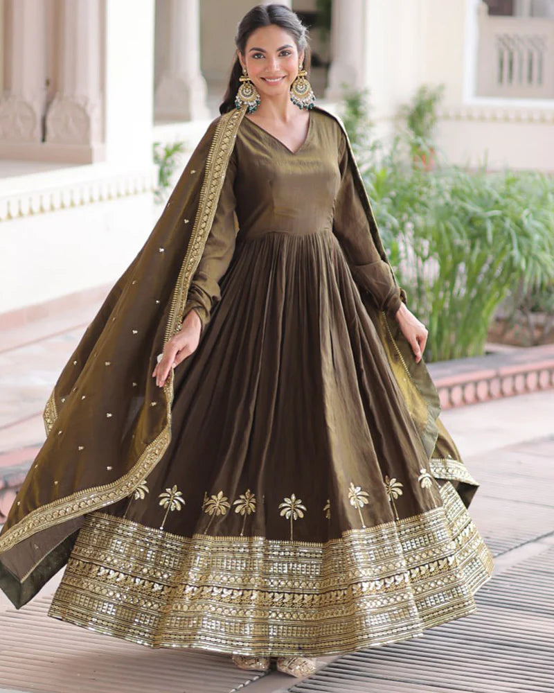 Womenline Mehndi Olive Color Vichitra Silk Sequence Embroidered Gown
