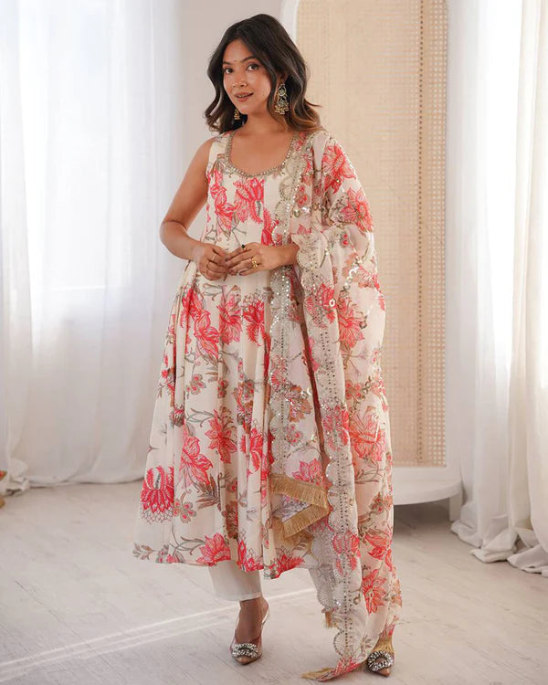 Womenline Off-White Color Pure Muslin Cotton Three Piece Anarkali Suit