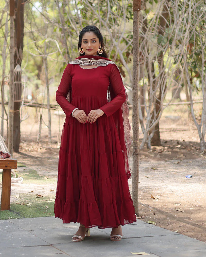 Womenline Maroon Color Designer Embroidered Gown With Dupatta