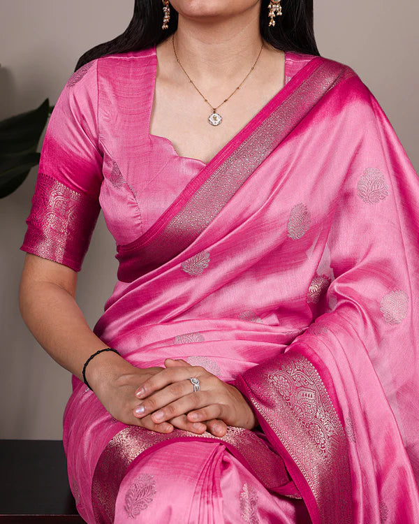 Womenline Pink Color Rumali Silk Zari Weaving Saree