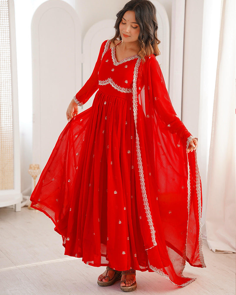 Womenline Red Color Georgette Sequence Embroidered Anarkali Suit