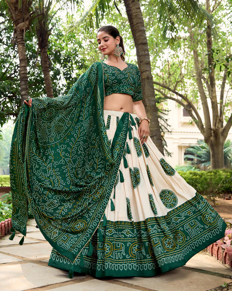 Womenline Green Color Tussar Silk Bandhej Printed Lehenga Choli