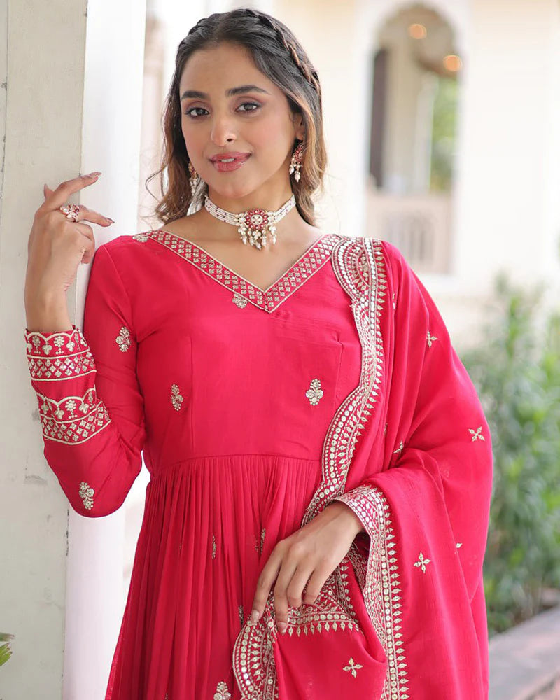Womenline Bright Pink Vichitra Silk Sequence Embroidered Gown