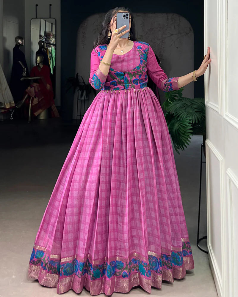 Womenline Pink Color Viscose Chanderi Printed Gown