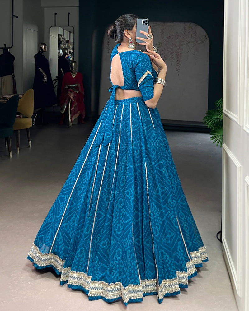 Womenline Firozi Color Chiffon Bandhej Printed Navratri Lehenga Choli