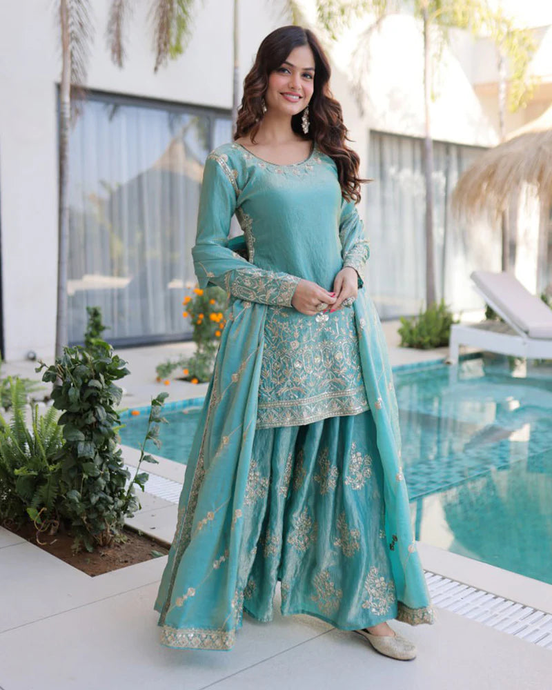 Womenline Sky Color Fendi Crush Embroidered Plazzo Suit