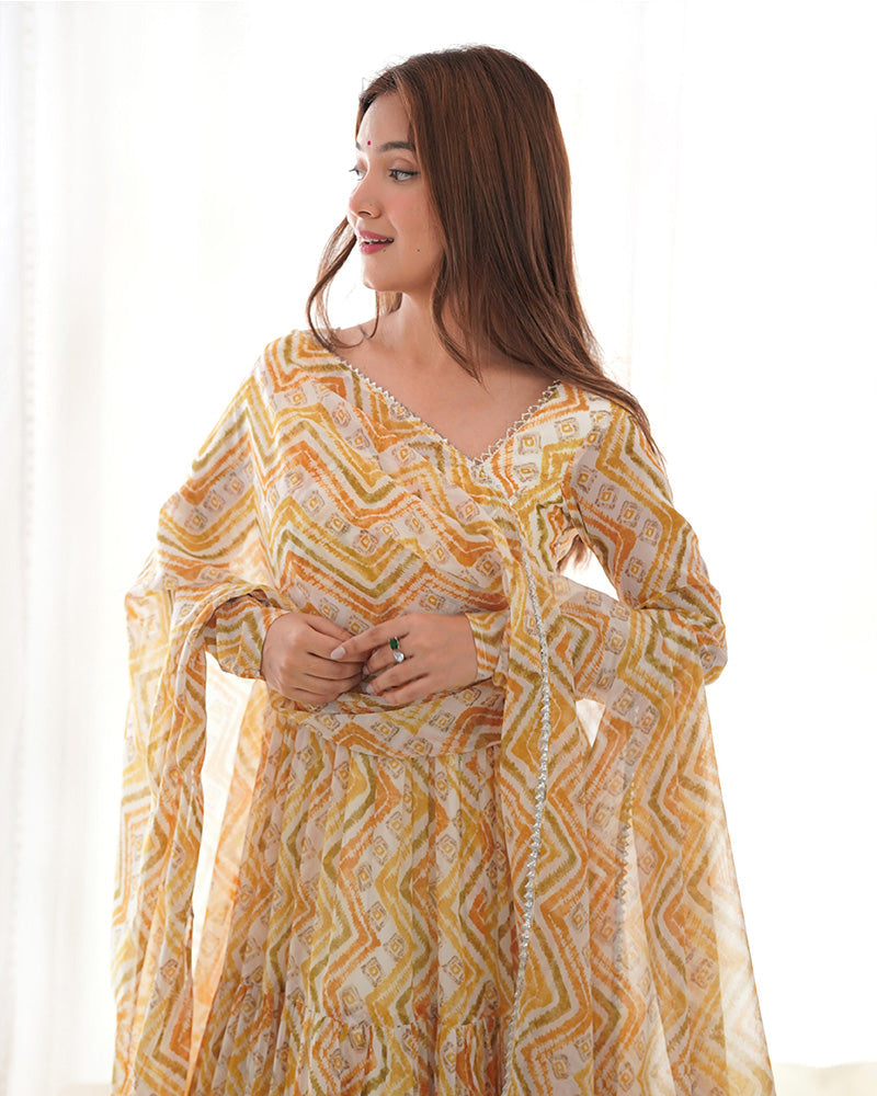 Womenline Off-White Color Soft Georgette Three Layer Ruffle Style Anarkali Suit