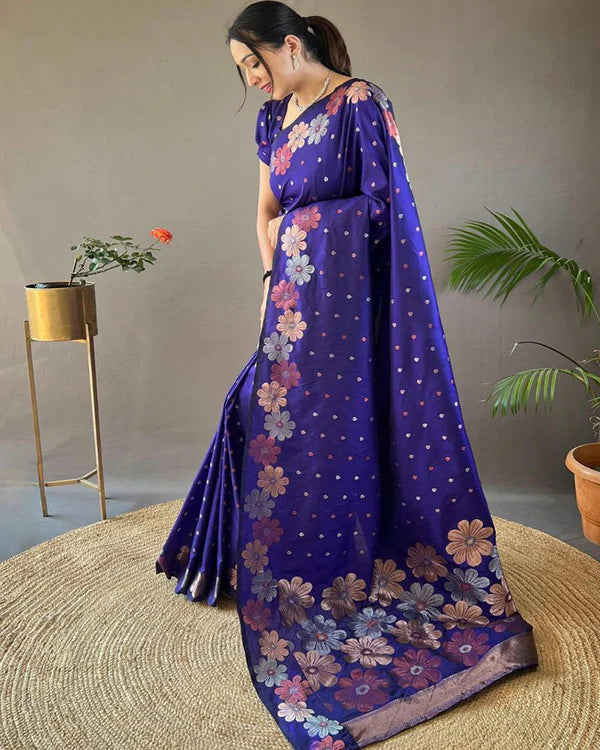 Womenline Jacquard Design Blue color Soft Lichi Silk Saree