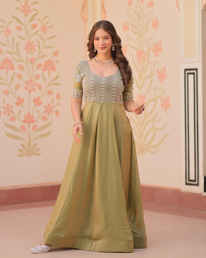 Womenline Mehndi Color Fendi Embroidered work Gown