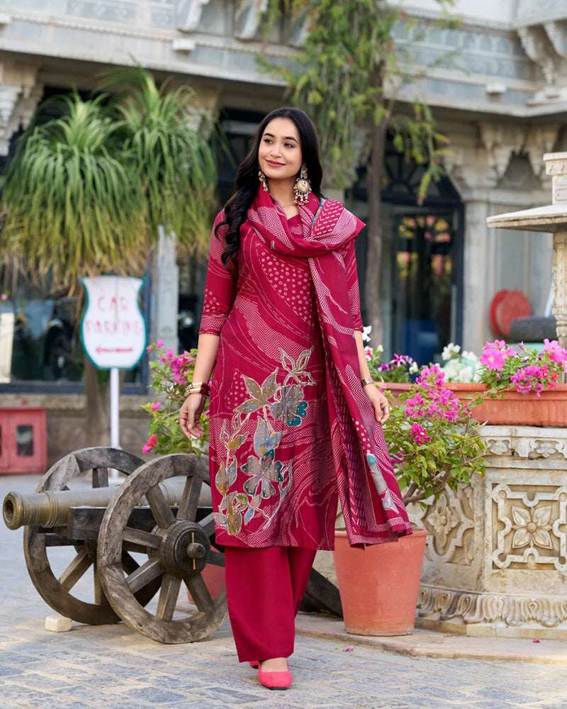 Womenline Maroon Color Roman Silk Three Piece Kurti Suit