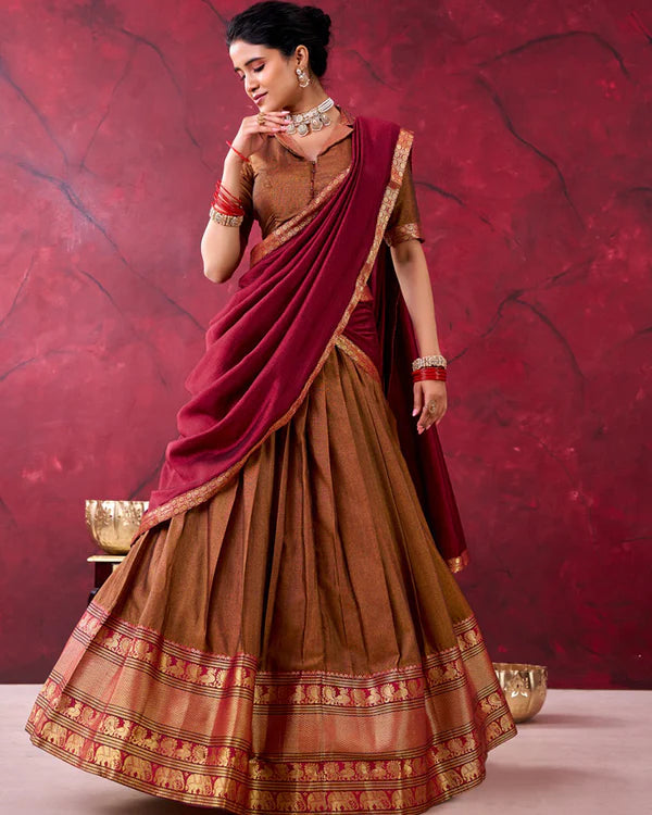 Womenline South Indian Style Mustard Color Narayan Pet Cotton Half Saree