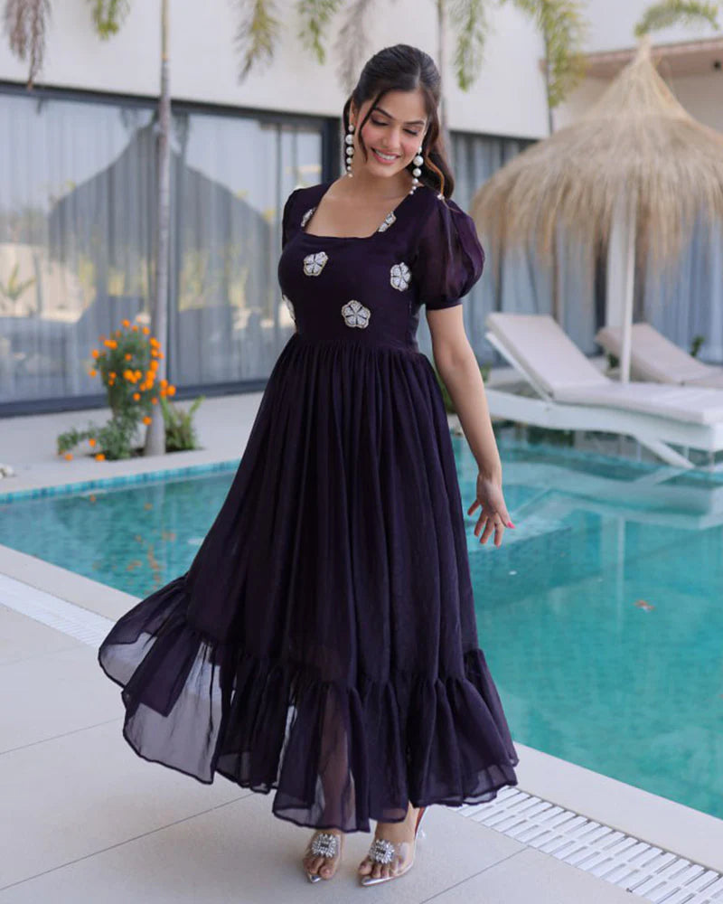 Womenline Dark Purple Color Fendi Silk Beads Embroidered Gown
