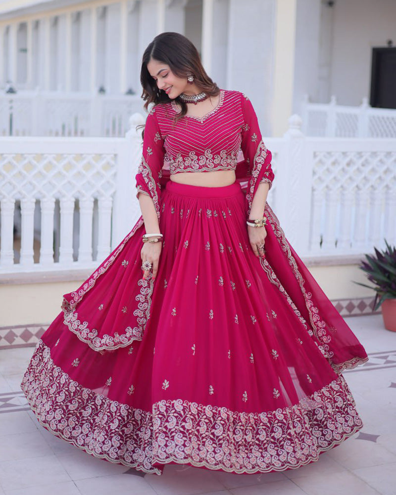Womenline Cherry Rose Color Blooming Embroidered Lehenga Choli