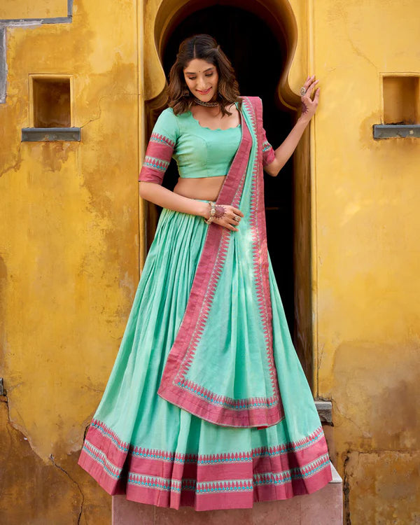 Womenline Sky Blue Color Pure Chanderi Threaded Half Saree
