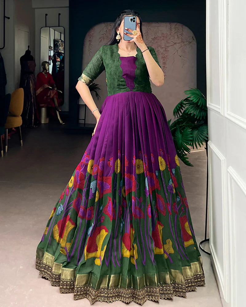 Womenline Purple Color Viscose Chanderi Floral Printed Gown