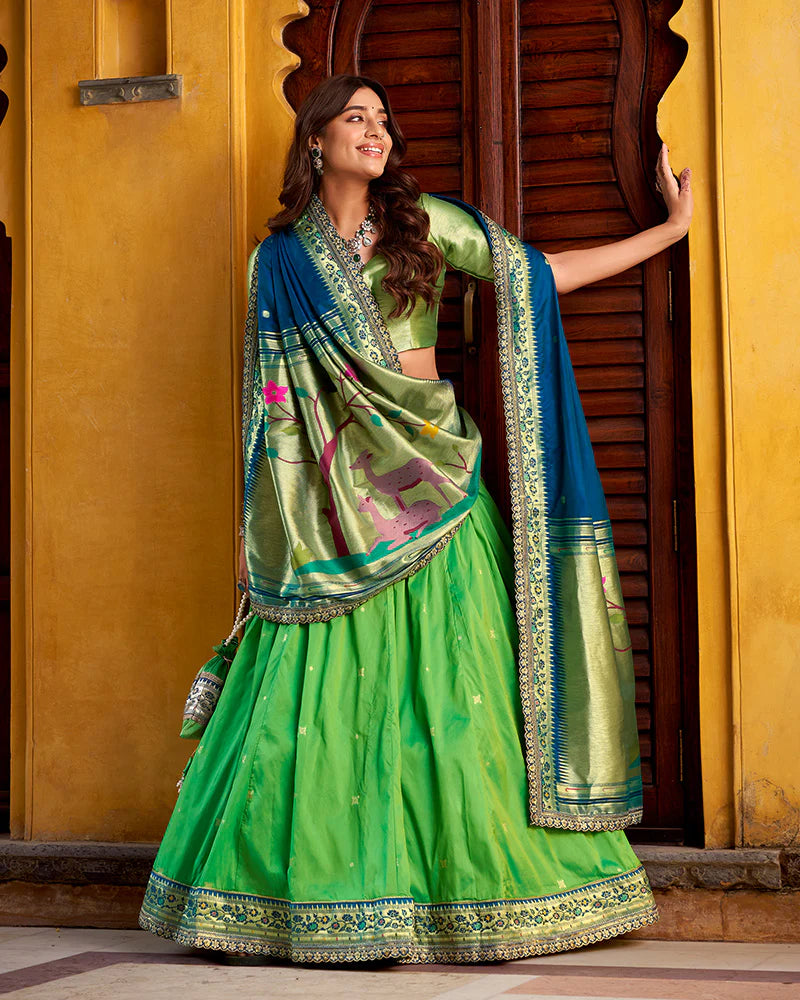 Womenline Parrot Green Color Soft Silk Paithani Lehenga Choli