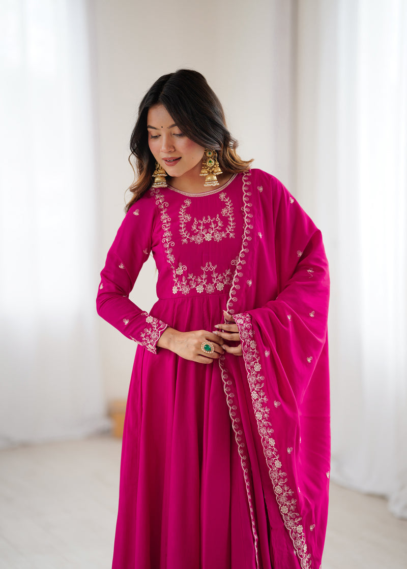 Womenline Rani Pink Color Chanderi Silk Three Piece Anarkali Suit