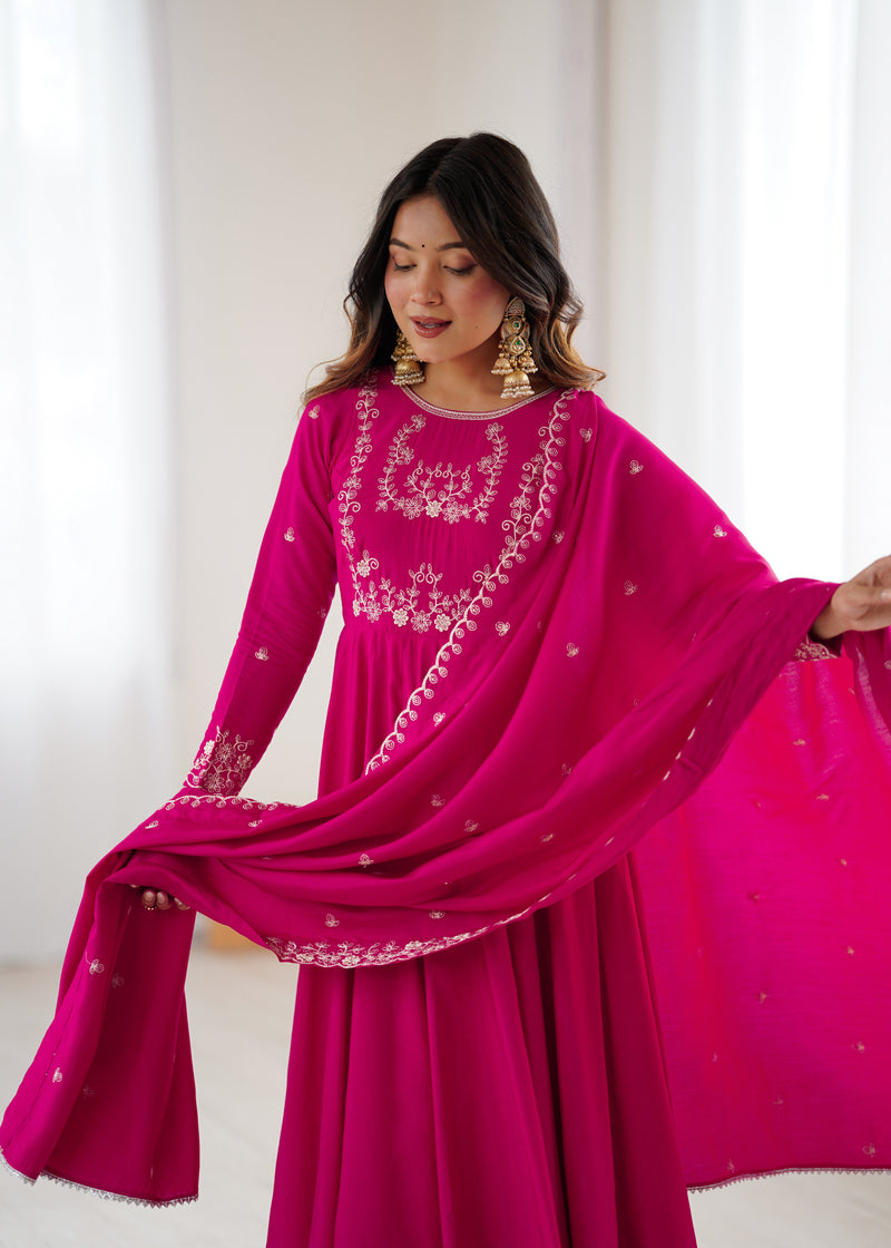 Womenline Rani Pink Color Chanderi Silk Three Piece Anarkali Suit
