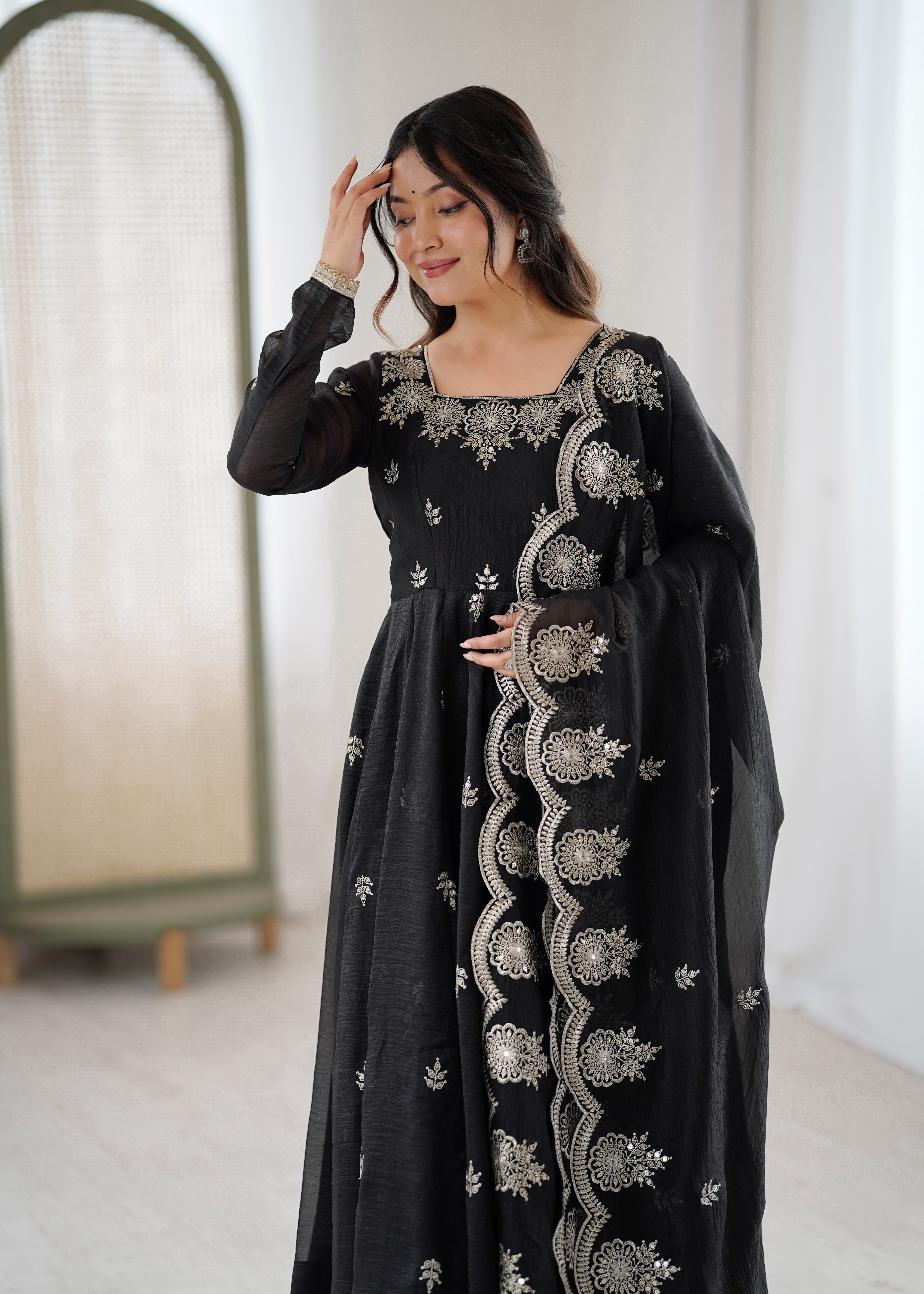 Womenline Classic Black Embroidered Anarkali Suit Set with Scalloped Dupatta