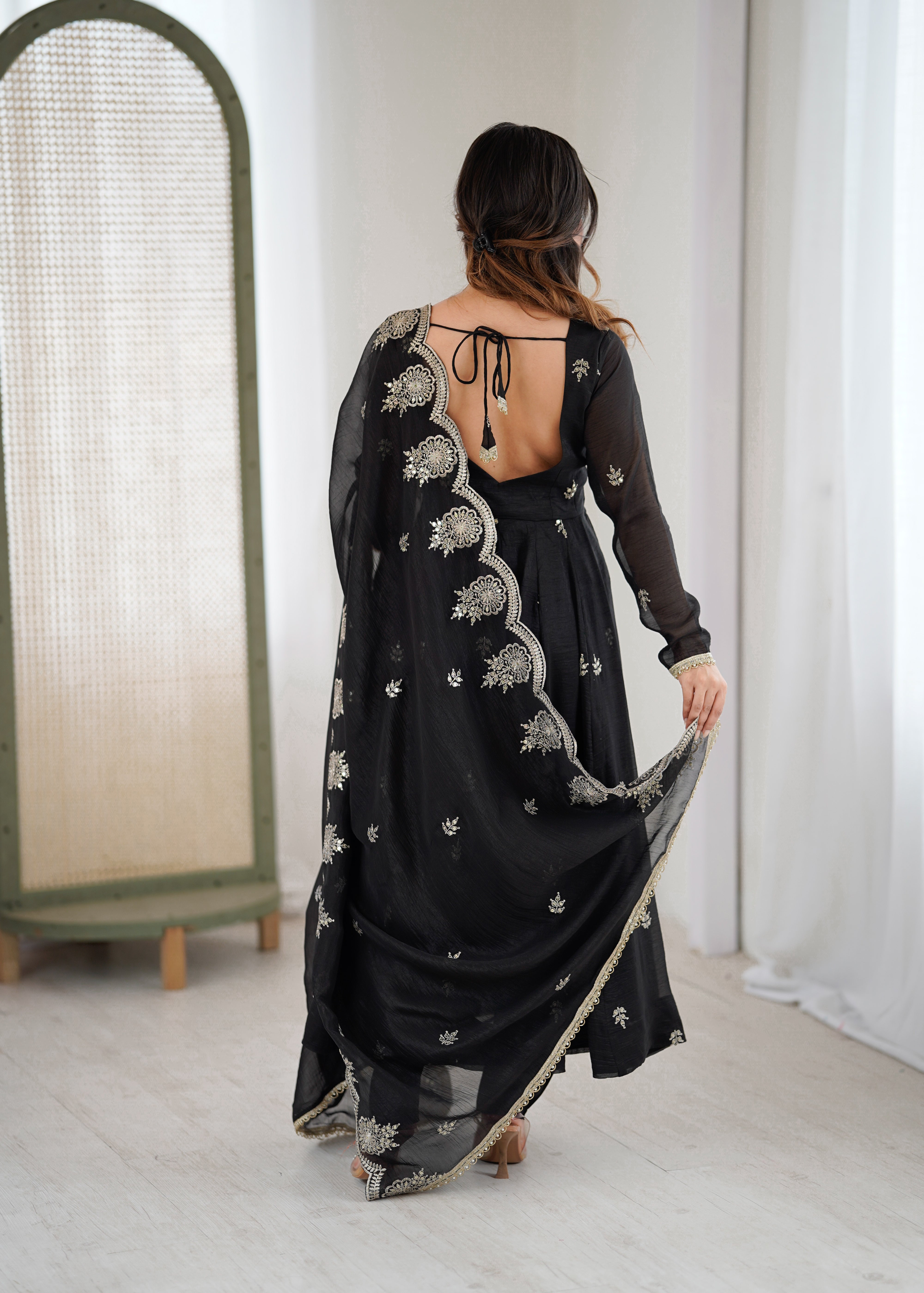 Womenline Classic Black Embroidered Anarkali Suit Set with Scalloped Dupatta