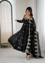 Womenline Classic Black Embroidered Anarkali Suit Set with Scalloped Dupatta