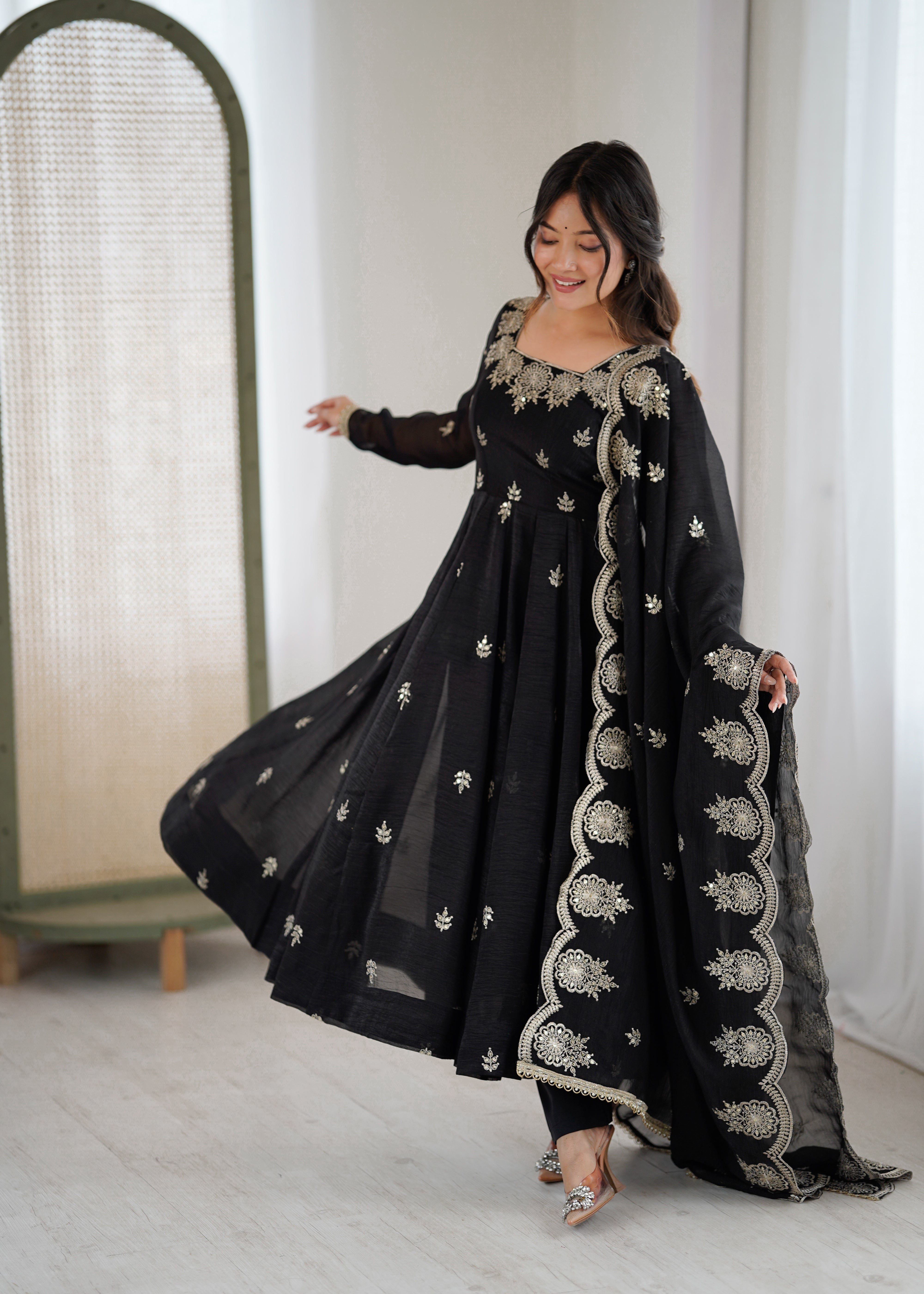 Womenline Classic Black Embroidered Anarkali Suit Set with Scalloped Dupatta