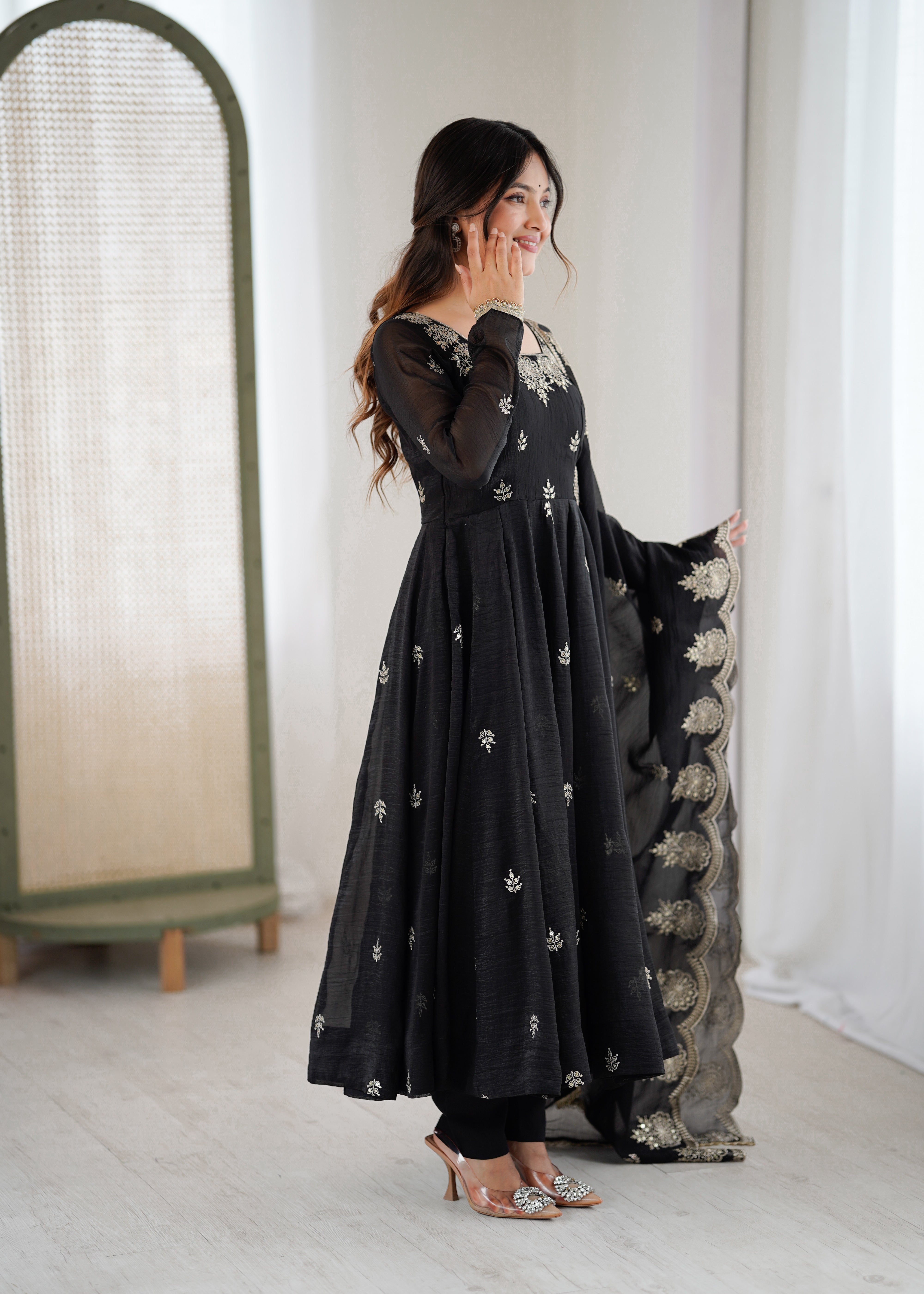 Womenline Classic Black Embroidered Anarkali Suit Set with Scalloped Dupatta
