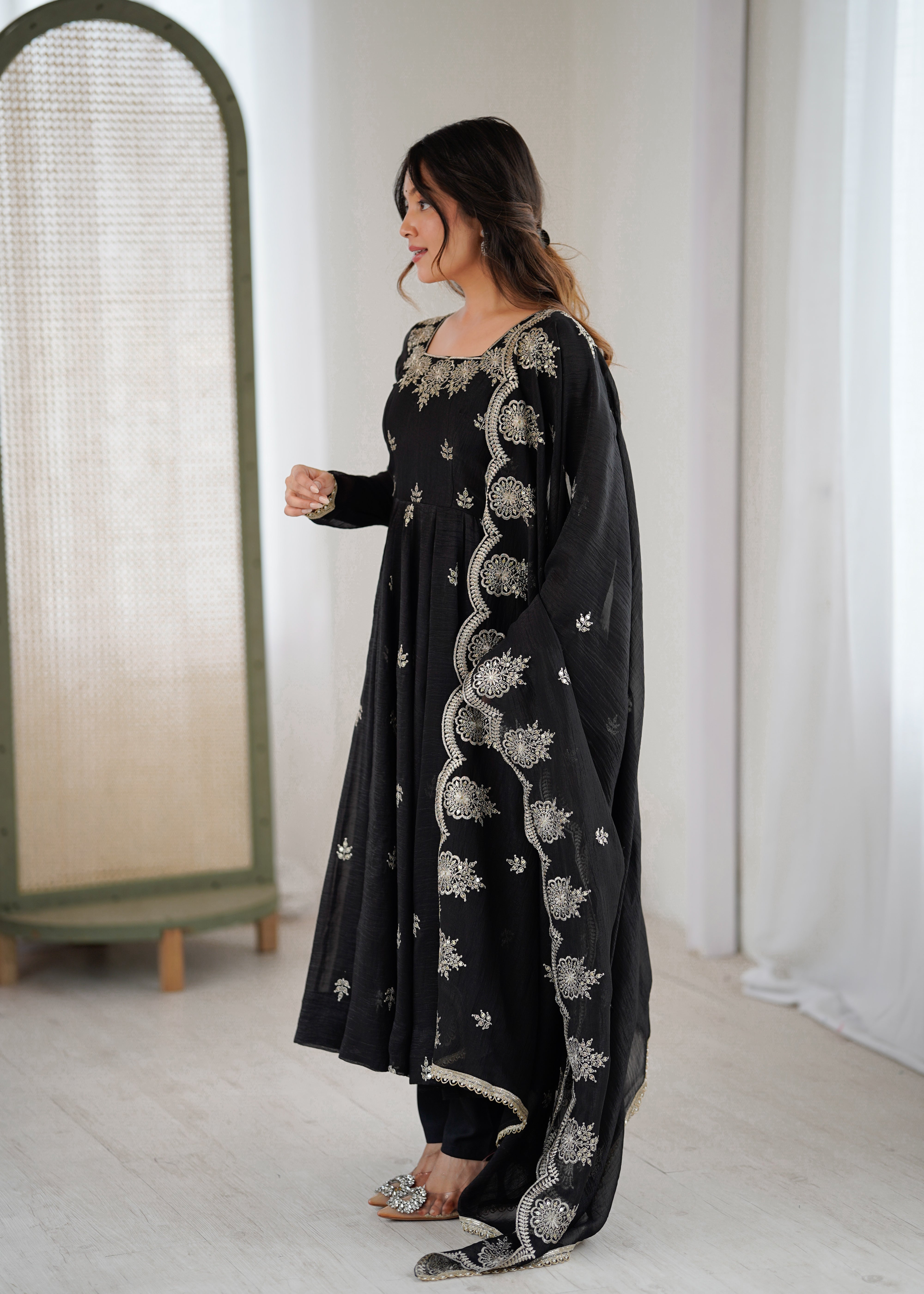 Womenline Classic Black Embroidered Anarkali Suit Set with Scalloped Dupatta