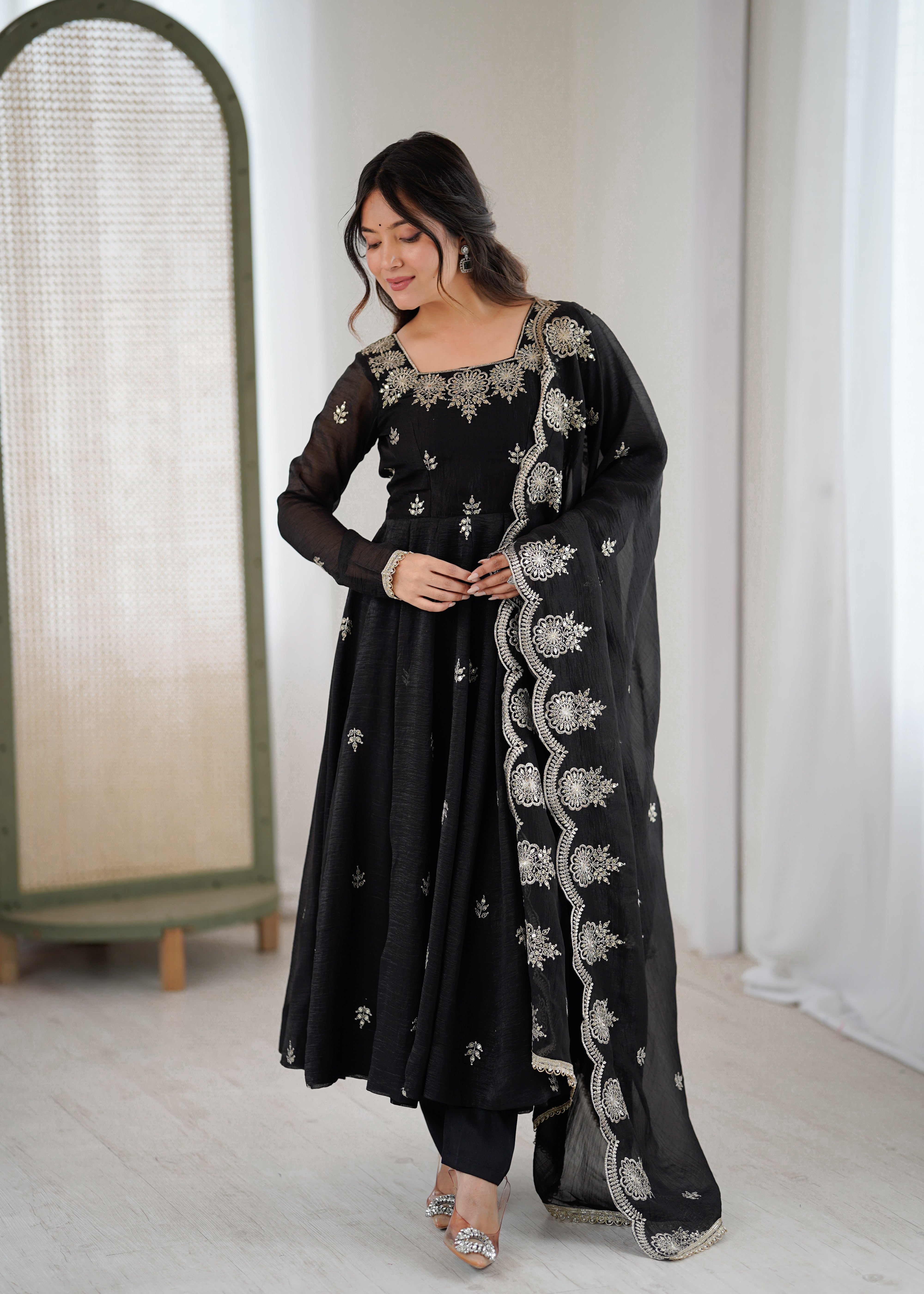 Womenline Classic Black Embroidered Anarkali Suit Set with Scalloped Dupatta