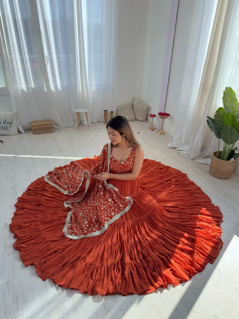 Womenline Orange Color Georgette Five Layer Ruffle Style Anarkali Suit