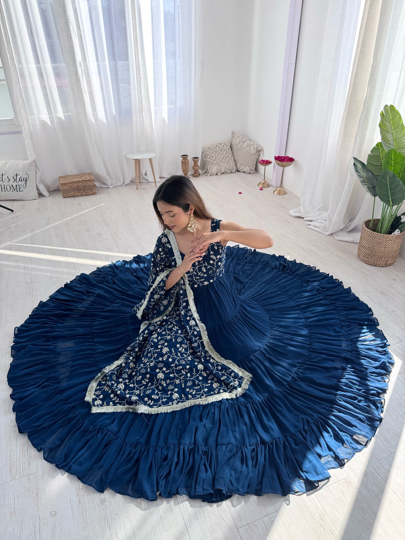 Womenline Rama Color Georgette Five Layer Ruffle Style Anarkali Suit