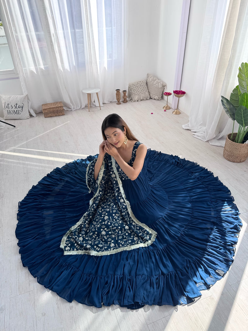 Womenline Rama Color Georgette Five Layer Ruffle Style Anarkali Suit