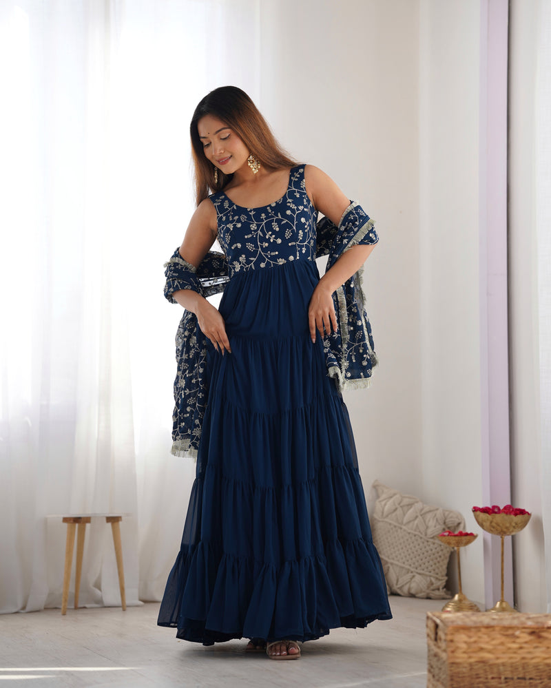 Womenline Rama Color Georgette Five Layer Ruffle Style Anarkali Suit