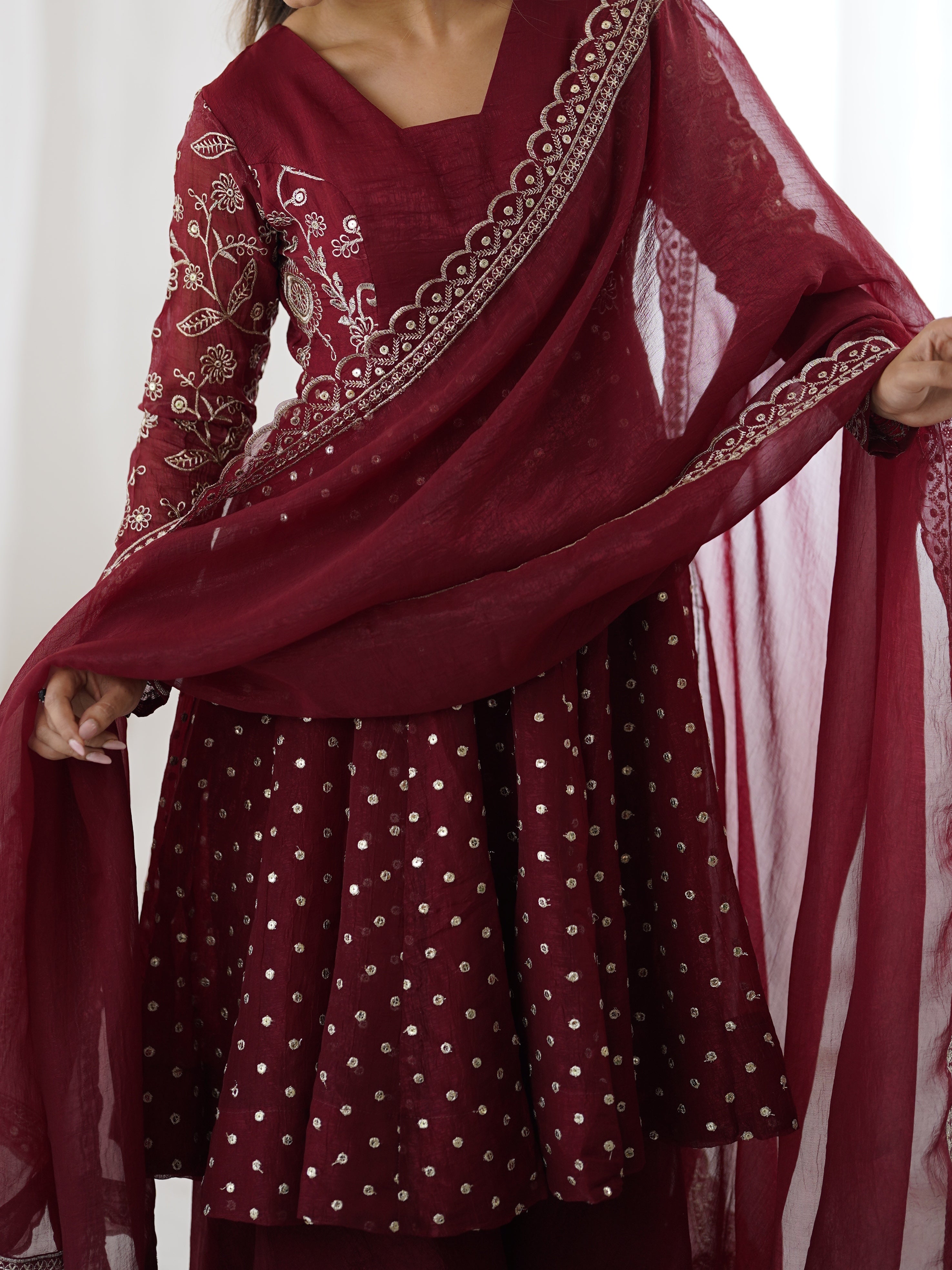 Womenline Burgundy Starlight Designer Sharara Suit Set with Embroidered Dupatta