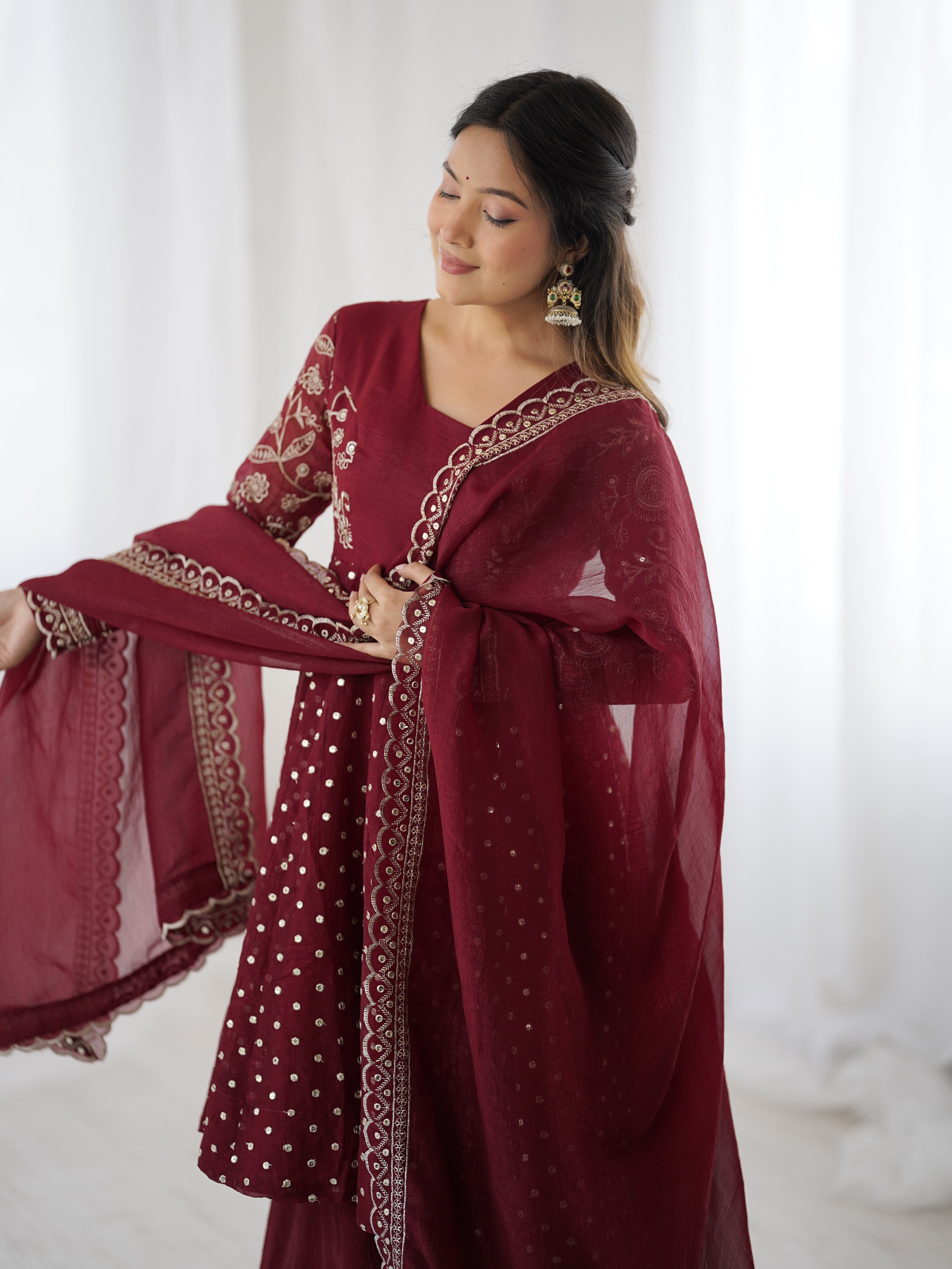 Womenline Burgundy Starlight Designer Sharara Suit Set with Embroidered Dupatta