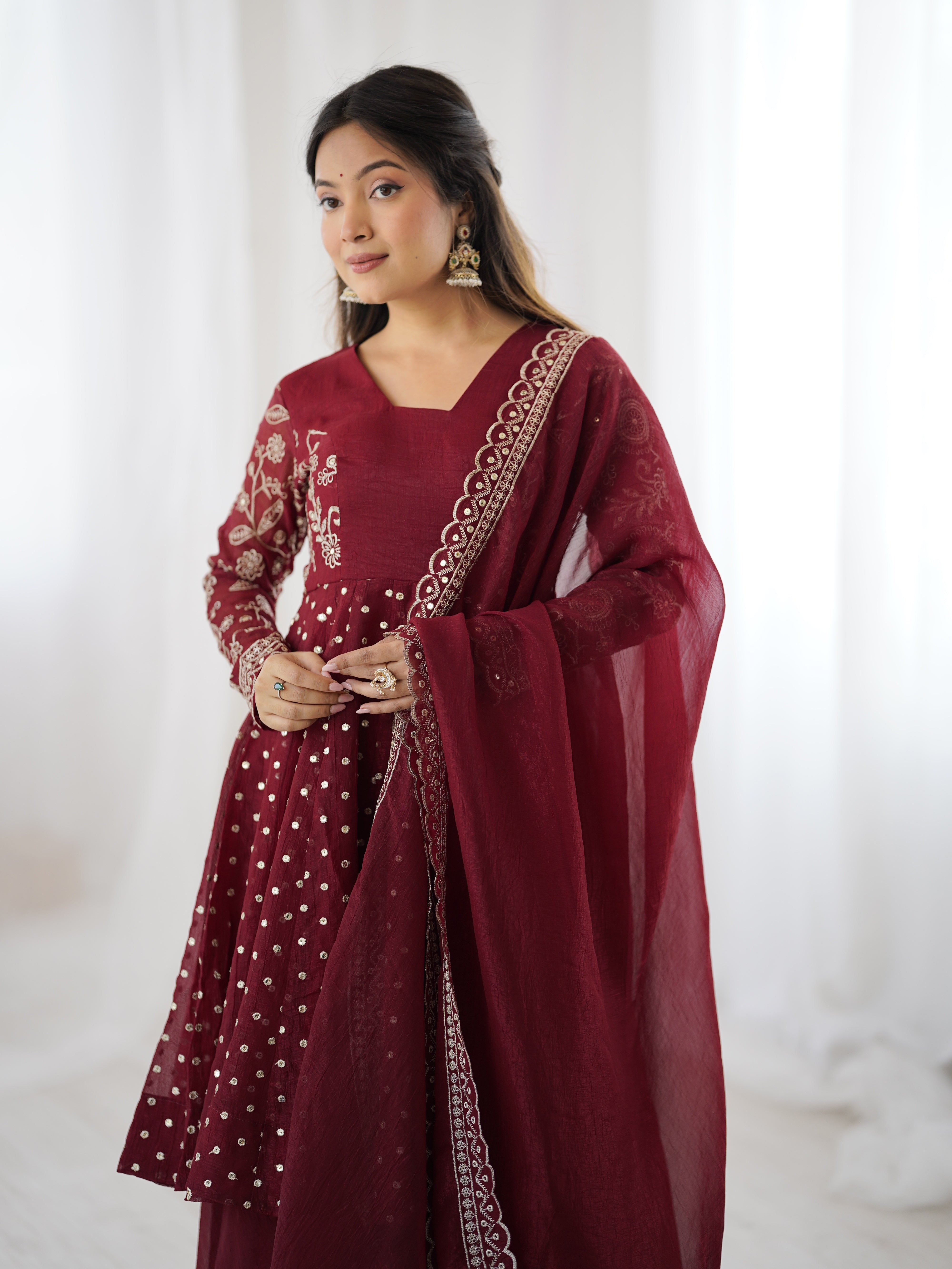 Womenline Burgundy Starlight Designer Sharara Suit Set with Embroidered Dupatta