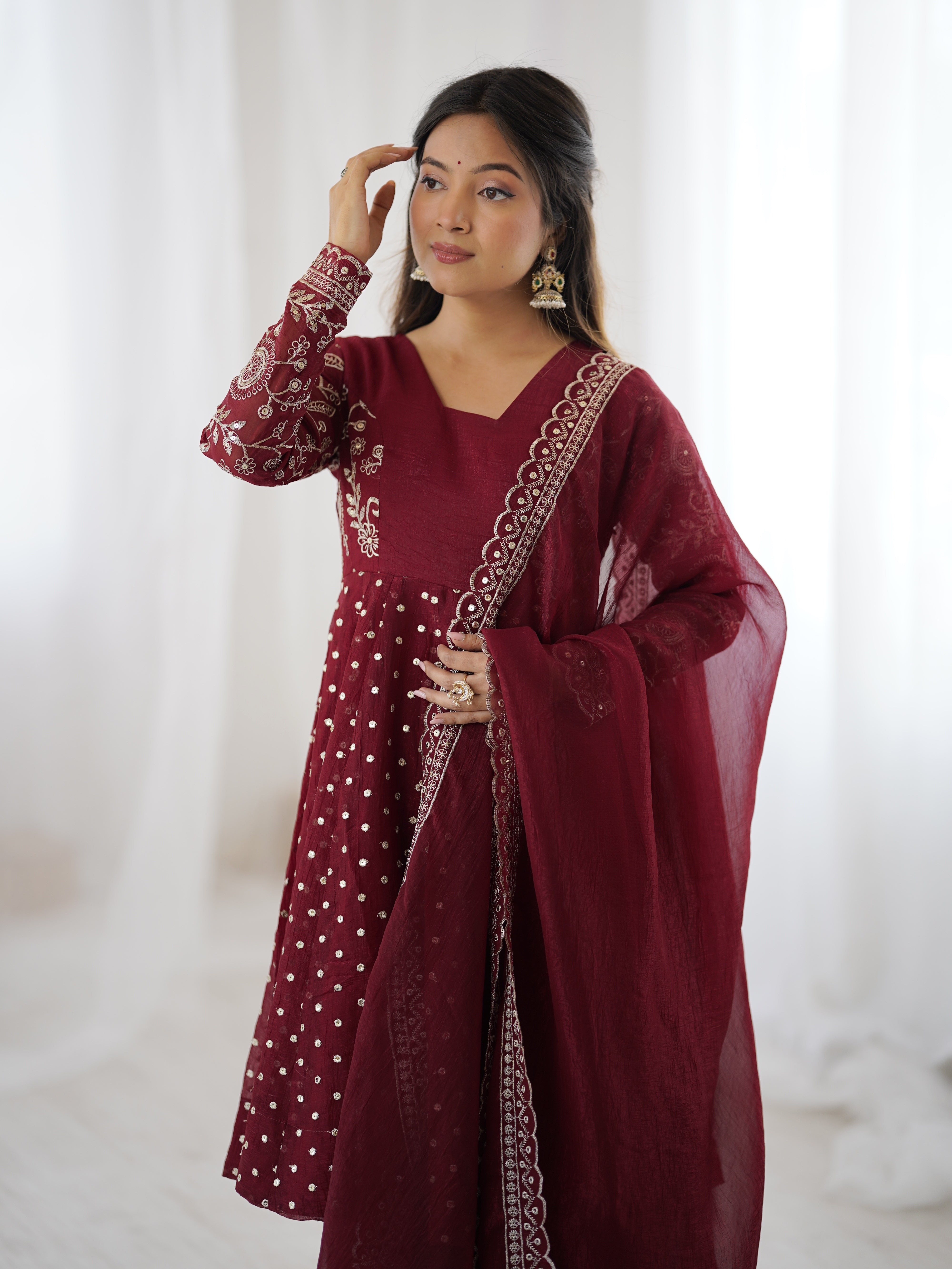 Womenline Burgundy Starlight Designer Sharara Suit Set with Embroidered Dupatta