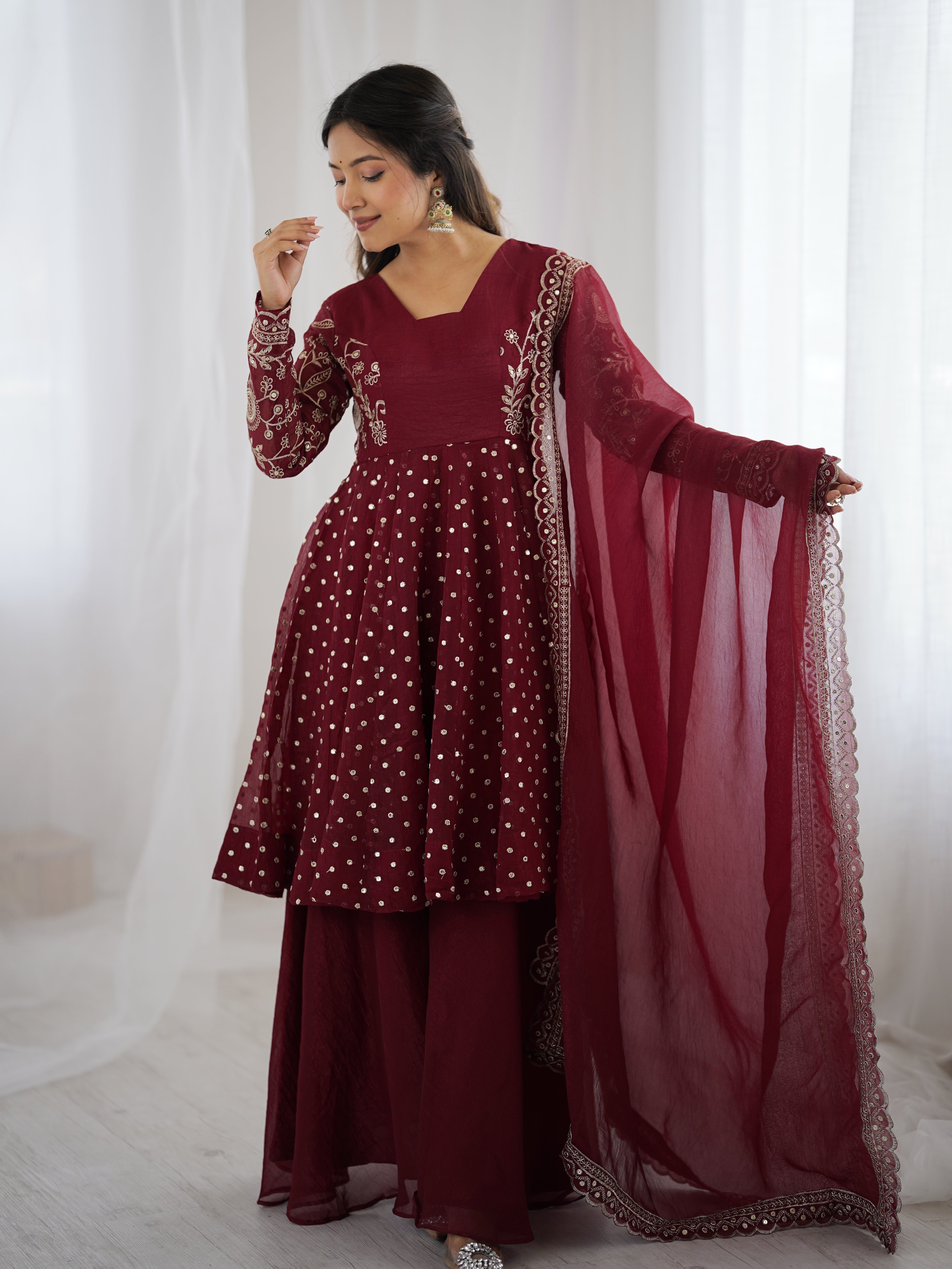 Womenline Burgundy Starlight Designer Sharara Suit Set with Embroidered Dupatta