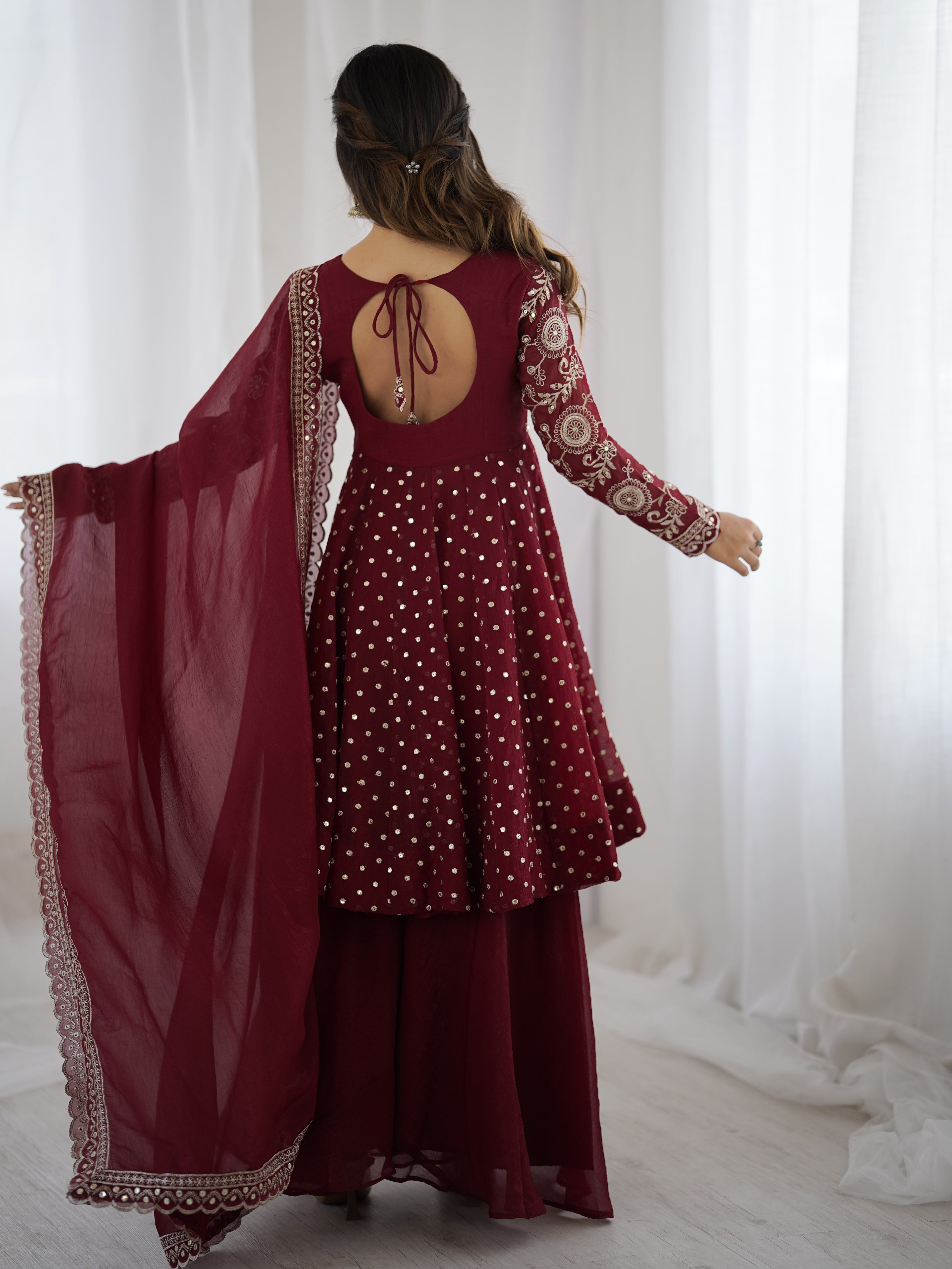 Womenline Burgundy Starlight Designer Sharara Suit Set with Embroidered Dupatta