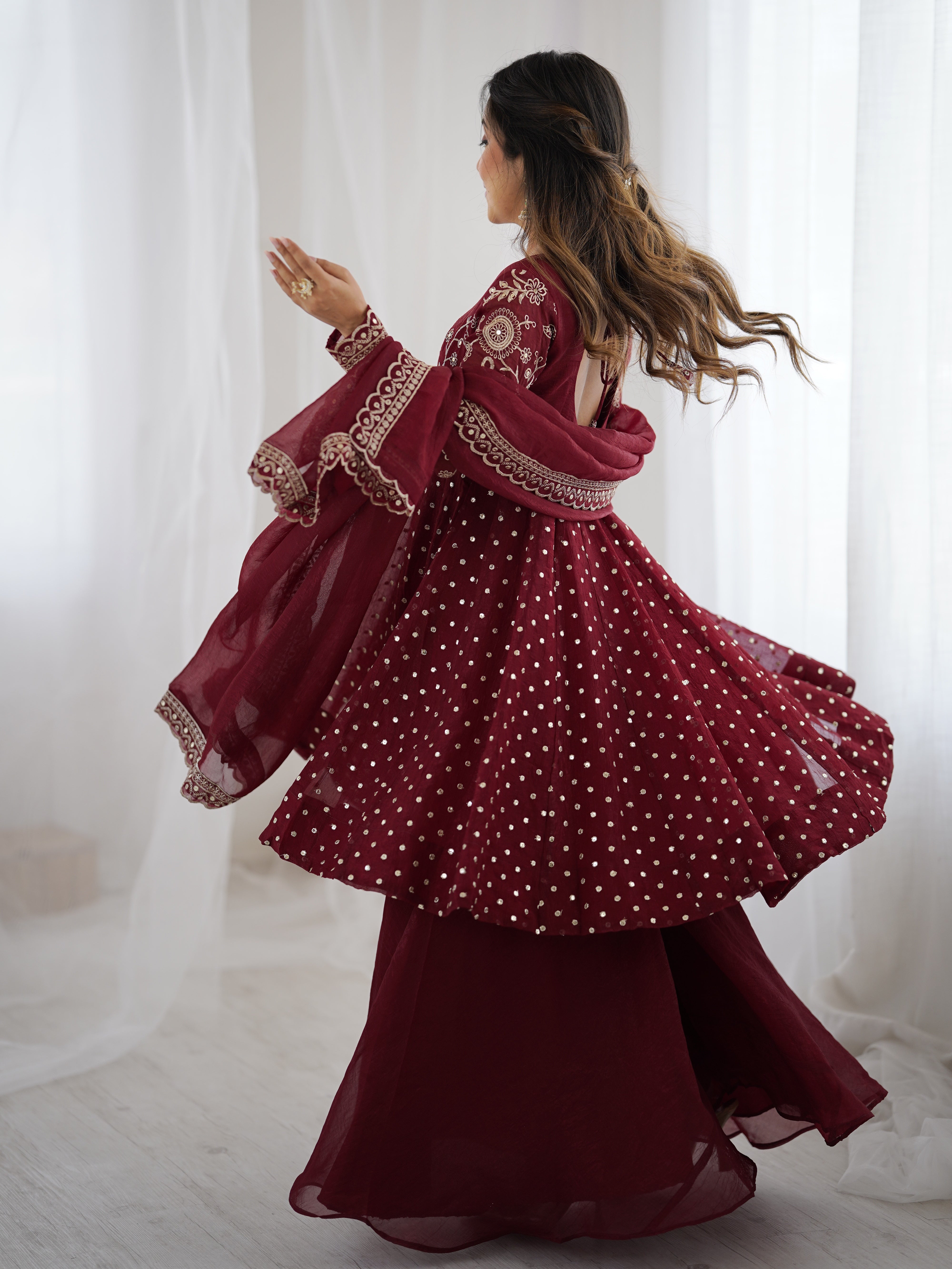 Womenline Burgundy Starlight Designer Sharara Suit Set with Embroidered Dupatta