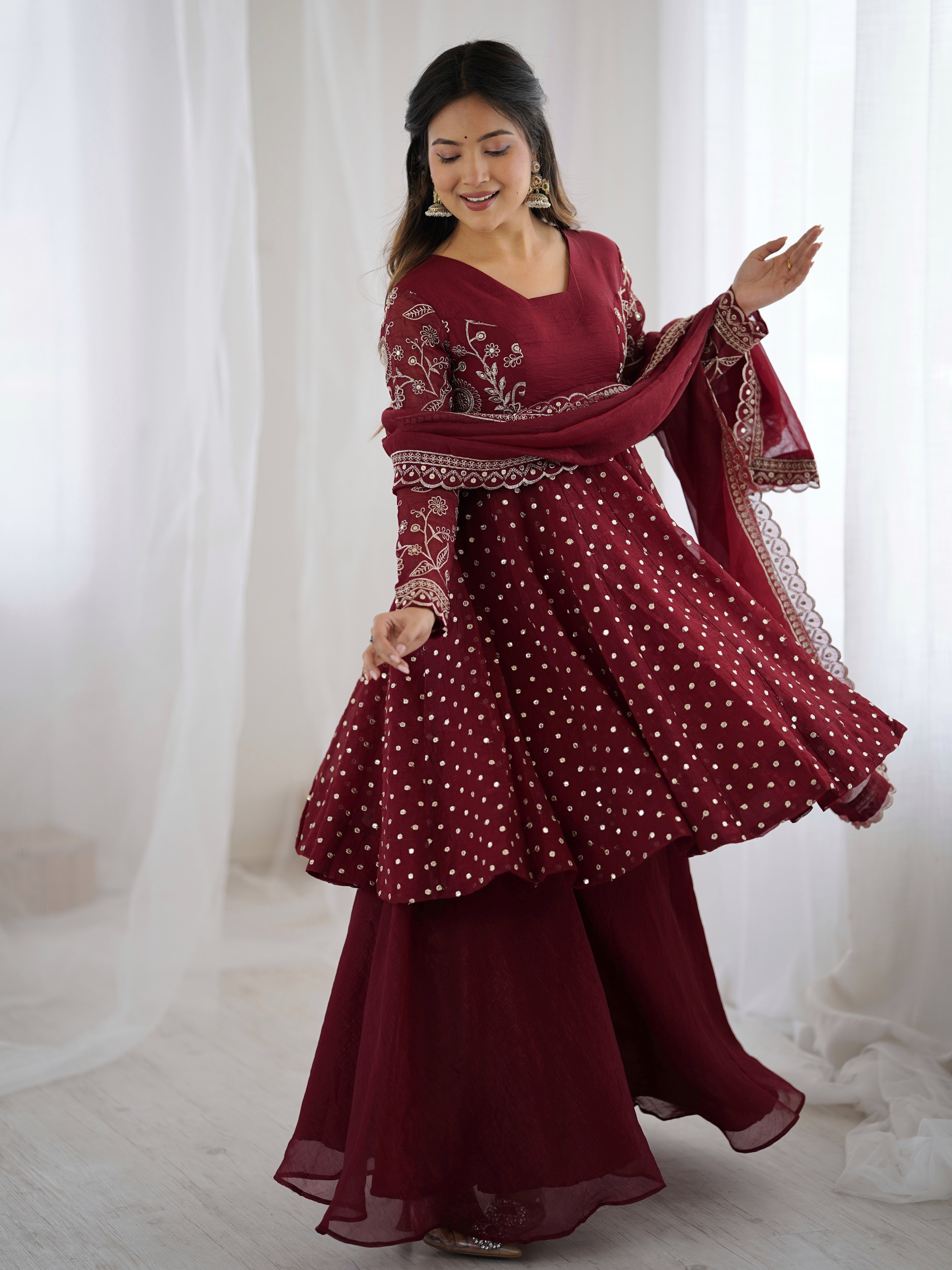 Womenline Burgundy Starlight Designer Sharara Suit Set with Embroidered Dupatta